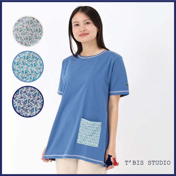 LLサイズあり】ひんやり冷感素材/小花柄ポケット袖刺繍チュニック