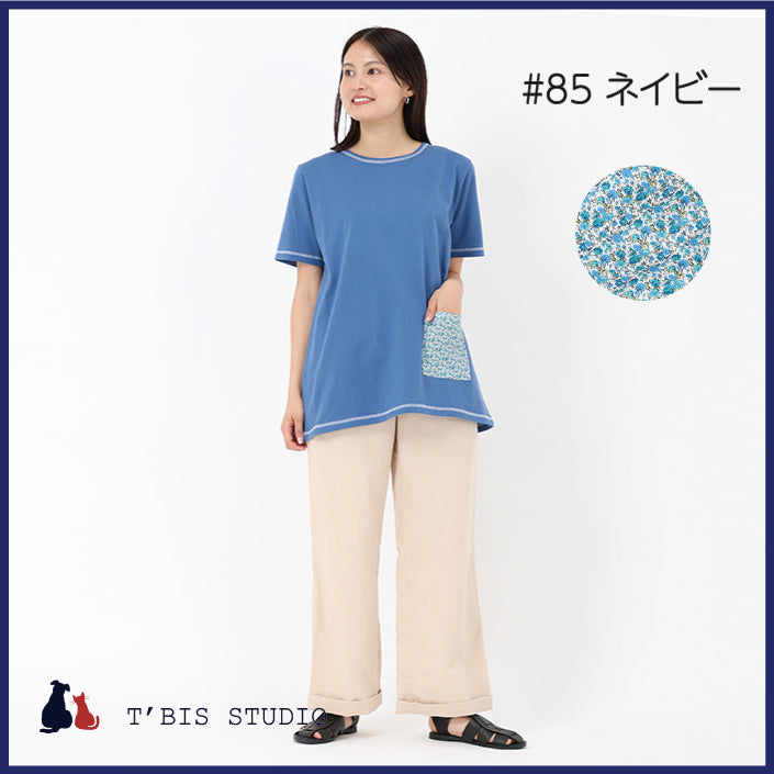 LLサイズあり】ひんやり冷感素材/小花柄ポケット袖刺繍チュニック