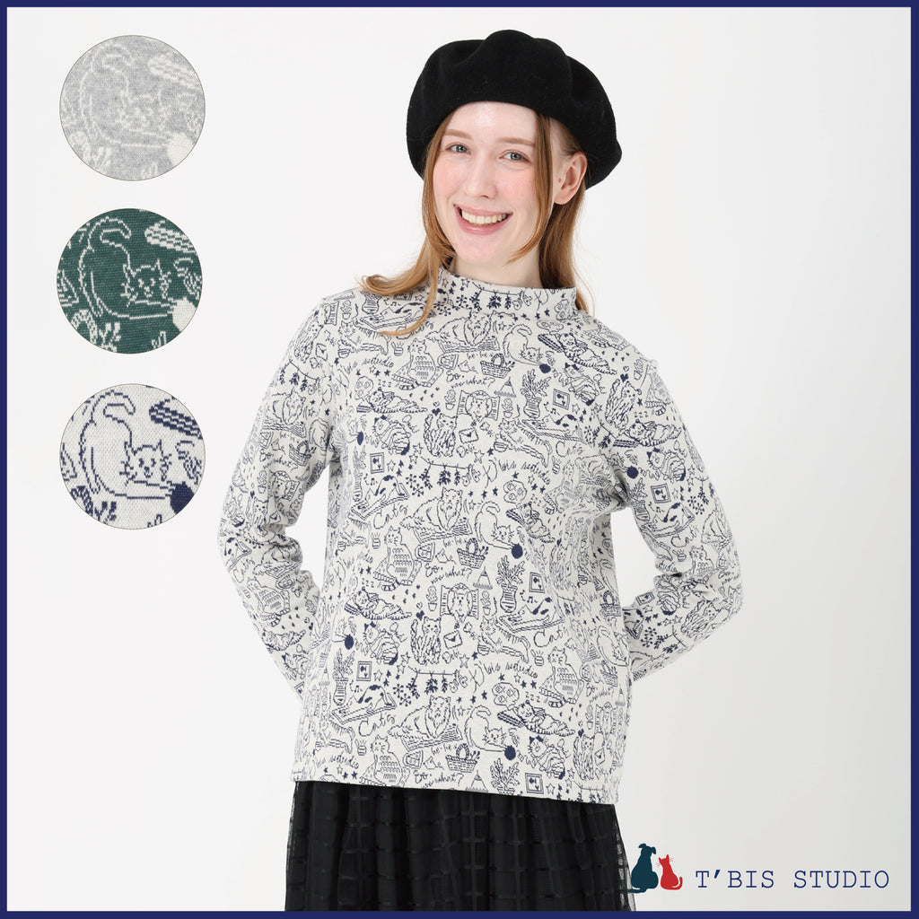 ネコ柄ハイネックカットソー