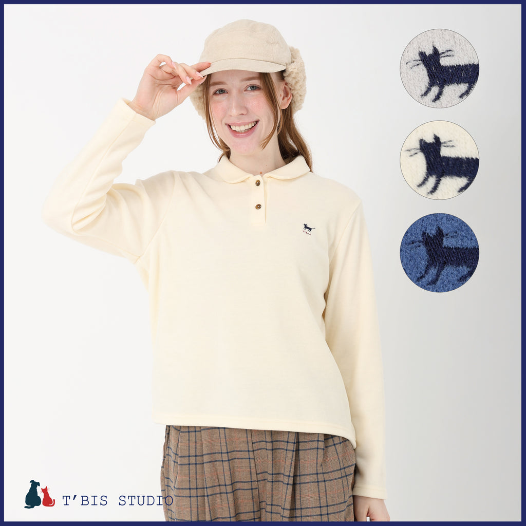ウール混ネコ刺繍ポロシャツ