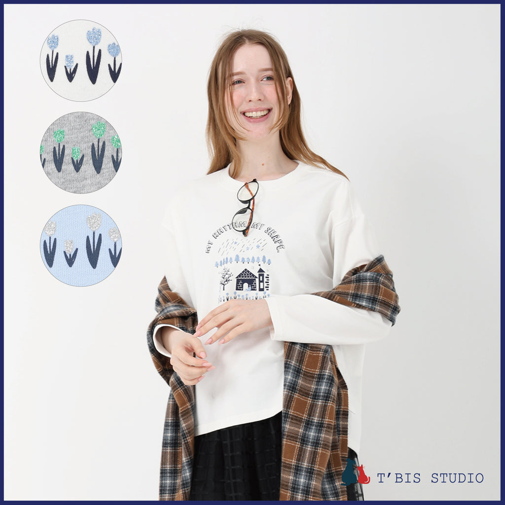 ホーム柄プリント ロングTシャツ