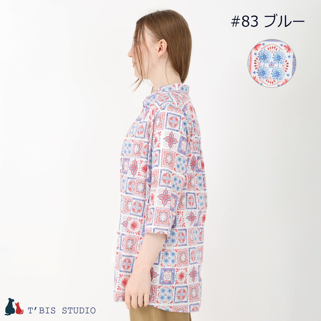 お花タイル柄チュニック丈スタンドネック七分袖シャツ 163114 – T'BIS