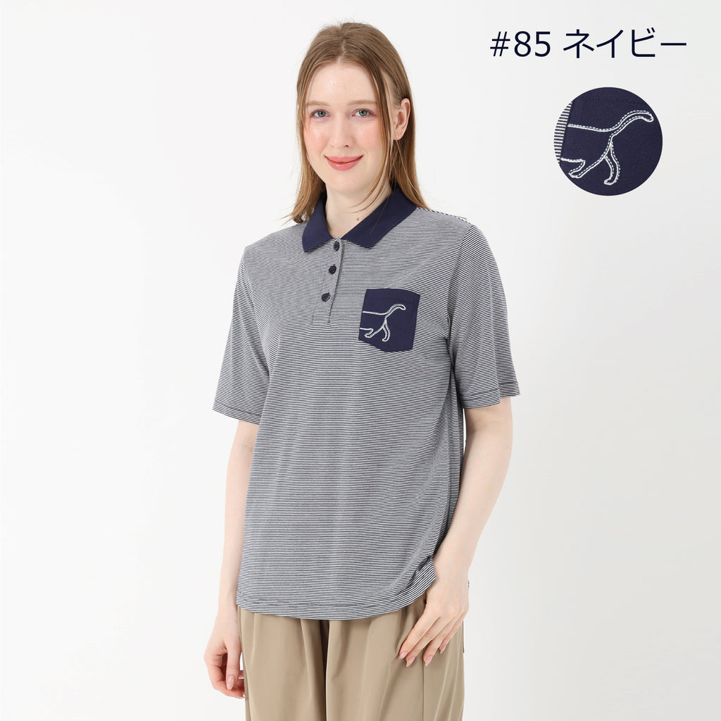 LLサイズあり】通りすがりのネコ刺繍ポケット付き天竺ボーダーリブ襟 